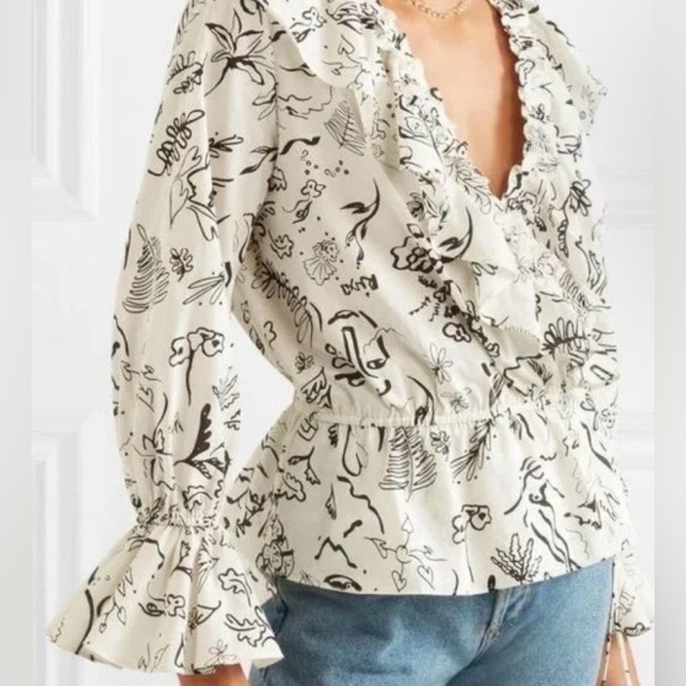 RIXO Laura Jackson Roisin Wrap Top XS Women White Black Abstract Artsy‎ Cotton